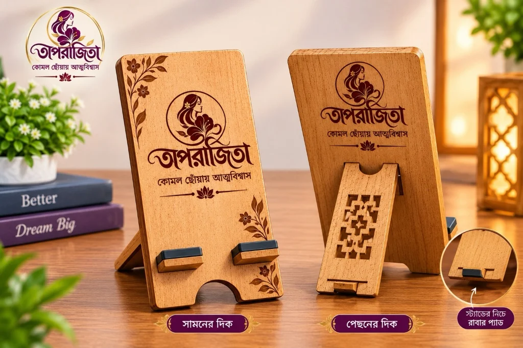 অপরাজিতা কাঠের মোবাইল স্ট্যান্ড ফ্রি উপহার